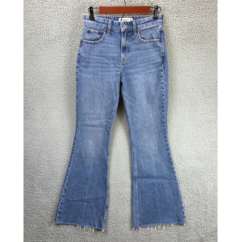 Abercrombie & Fitch Curve Love High Rise Flare Jeans Womens 26 Blue Raw Hem